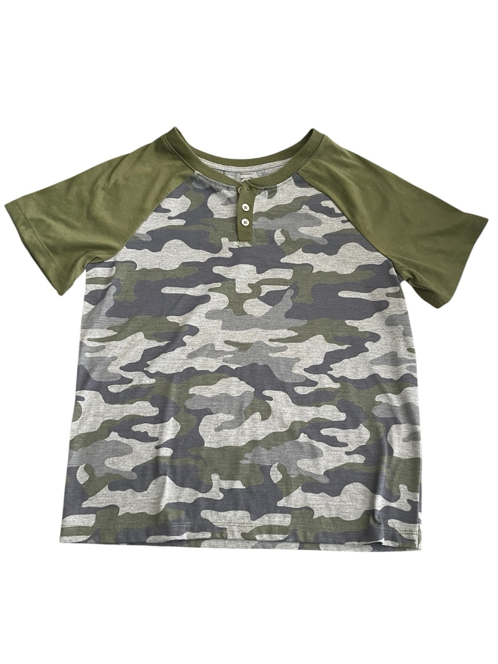 Kids Camo Raglan Henley Shirt - Olive/Gray